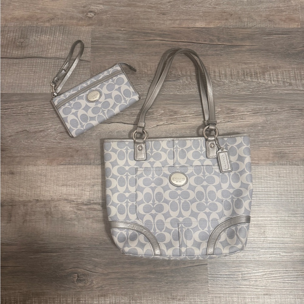 Coach Silver and Gray Signature Shoulder Bag and Wristlet